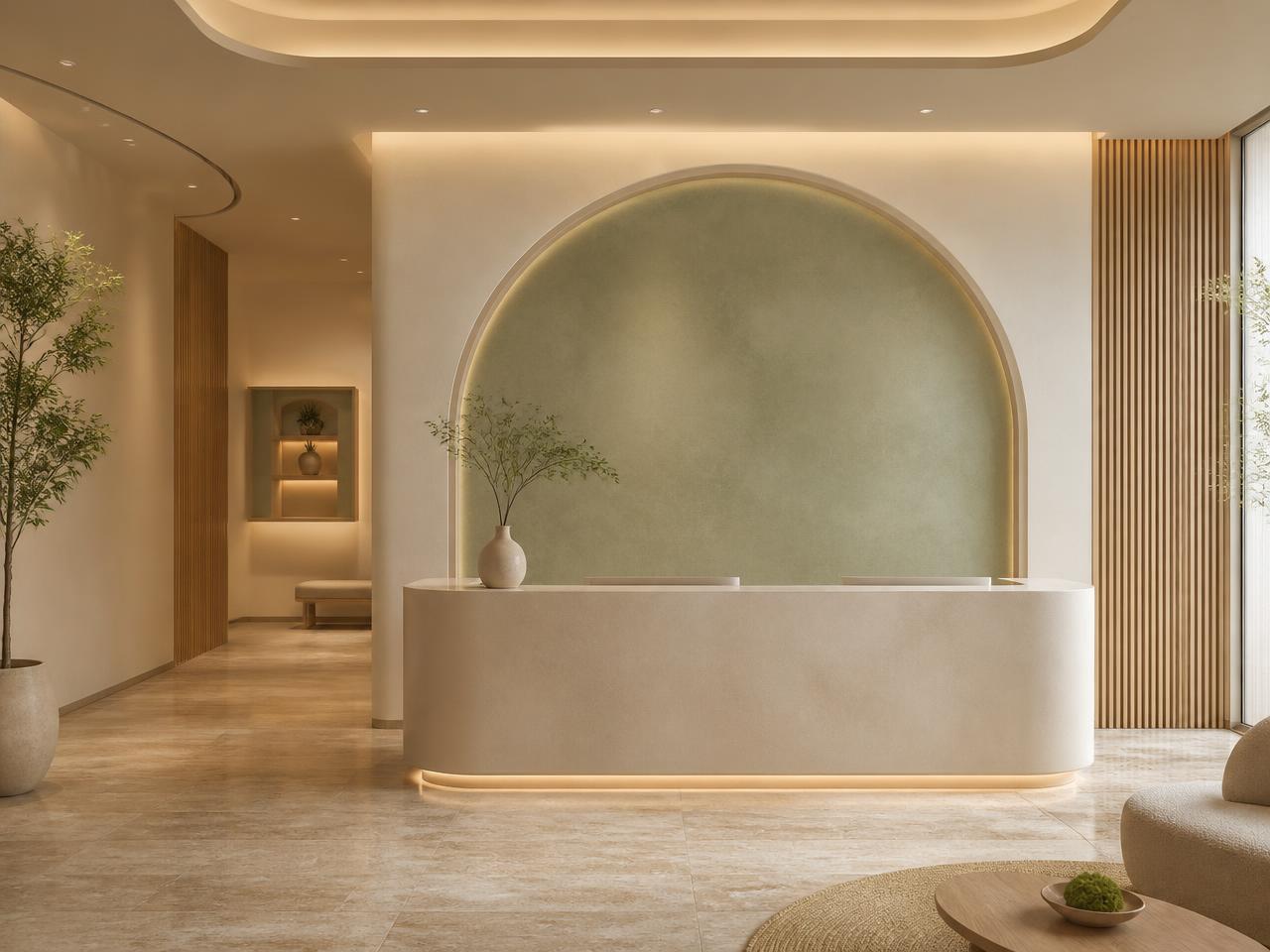 Consultorio moderno en México con muros de yeso cálido, muebles de madera y luz natural
