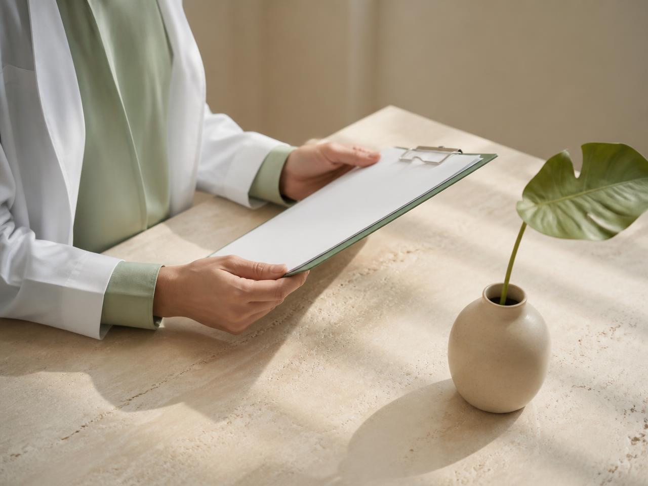 Médica revisando una hoja de resultados de laboratorio sobre un escritorio de madera