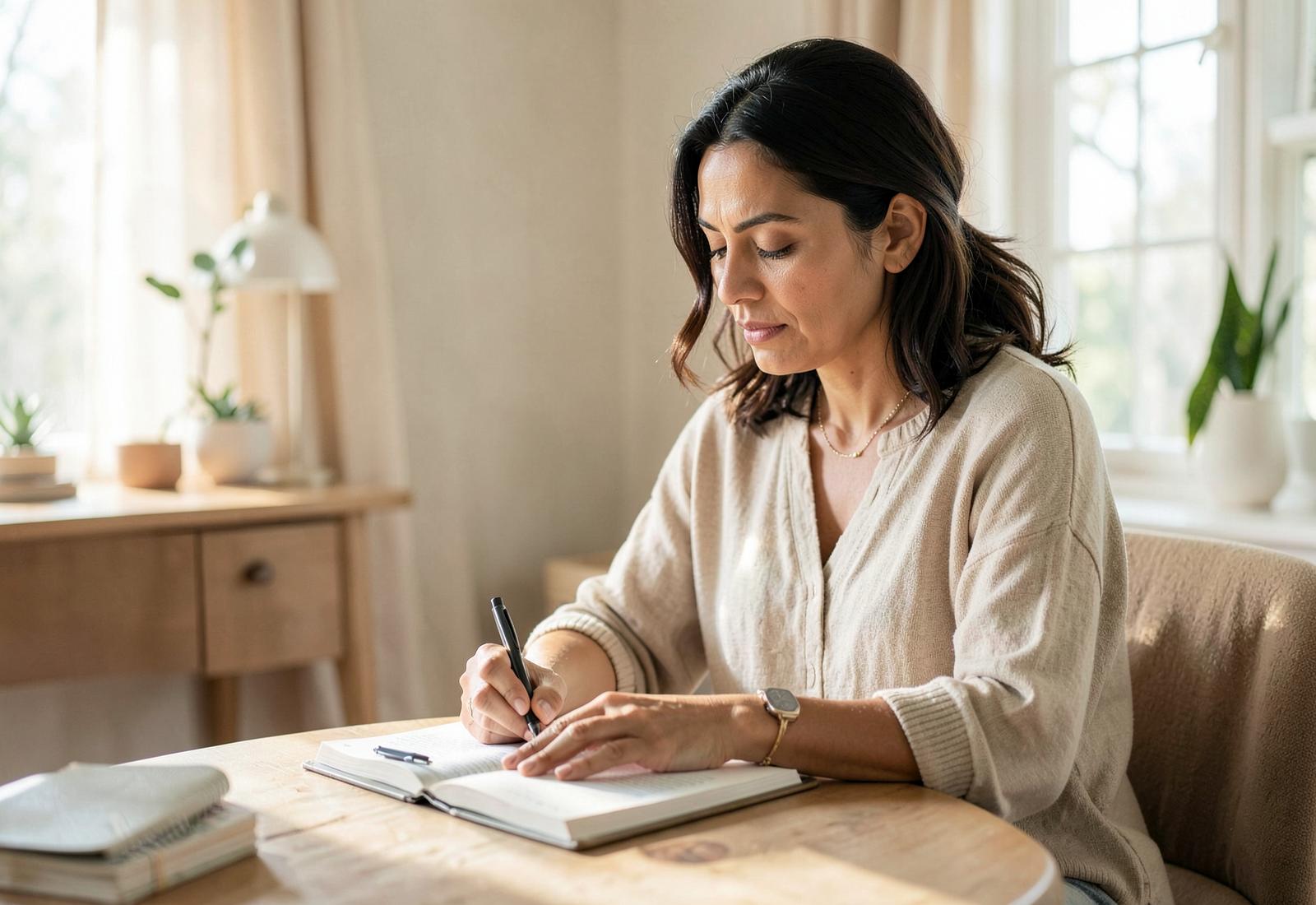Mujer escribiendo con calma en un cuaderno